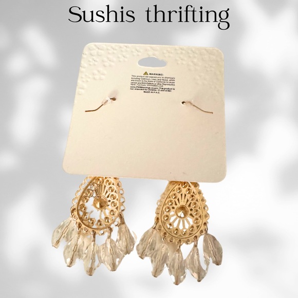 Gold and Clear Dangle Earrings - Picture 2 of 2